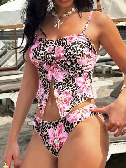 طقم تانكيني حريمي Swim Vcay زوجان من ملابس النساء بمقاس قياسي، طقم بكيني مكون من حمالة صدر مثلثة مقطعة من طبعات الحيوان والزهور المطبوعة على الشبكة