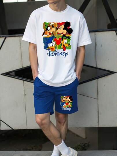 Disney مجموعة قصيرة الأكمام مكونة من قميص وشورت قطعتين، طبعات كرتونية من ديزني عنصر رجالية ، لفصل الصيف