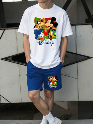 Disney مجموعة قصيرة الأكمام مكونة من قميص وشورت قطعتين، طبعات كرتونية من ديزني عنصر رجالية ، لفصل الصيف