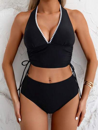 طقم تانكيني حريمي Swim Basics طقم بكيني من الخصر العالي للنساء بحمالة سباغيتي وجوانب بسحاب أسود