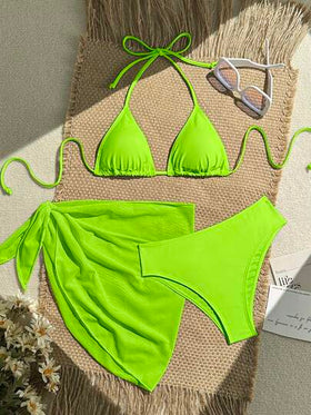 Swim Vcay 3 قطع / مجموعة بيكيني نسائي أخضر نيون لامع بتصميم رباط عنق مع تنورة، طباعة زهرية للاستخدام في الشاطئ الصيفي