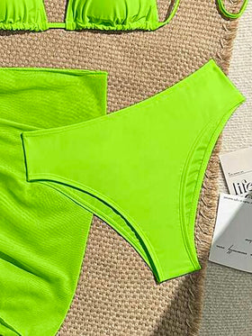 Swim Vcay 3 قطع / مجموعة بيكيني نسائي أخضر نيون لامع بتصميم رباط عنق مع تنورة، طباعة زهرية للاستخدام في الشاطئ الصيفي