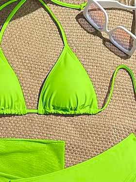 Swim Vcay 3 قطع / مجموعة بيكيني نسائي أخضر نيون لامع بتصميم رباط عنق مع تنورة، طباعة زهرية للاستخدام في الشاطئ الصيفي