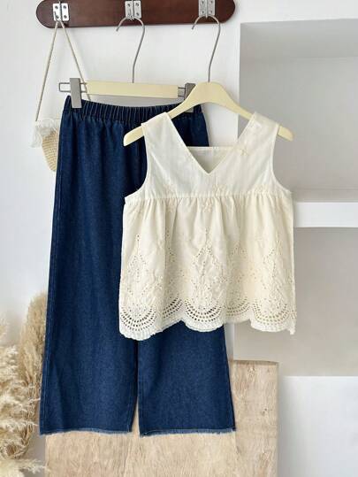 girls-sets Vintaside Kids مجموعة (فستان ملابس علوية عاري قلنسوة الدانتيل) و (بنطلون جينز غسيل طويل كاجوال) للصيف، بطراز كوري، مناسبة للخروجات والسفر والعطلات أو الارتداء اليومي