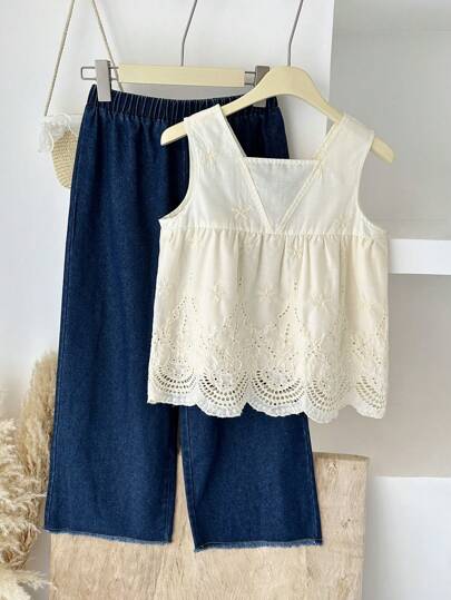 girls-sets Vintaside Kids مجموعة (فستان ملابس علوية عاري قلنسوة الدانتيل) و (بنطلون جينز غسيل طويل كاجوال) للصيف، بطراز كوري، مناسبة للخروجات والسفر والعطلات أو الارتداء اليومي
