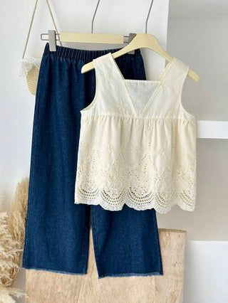 girls-sets Vintaside Kids مجموعة (فستان ملابس علوية عاري قلنسوة الدانتيل) و (بنطلون جينز غسيل طويل كاجوال) للصيف، بطراز كوري، مناسبة للخروجات والسفر والعطلات أو الارتداء اليومي
