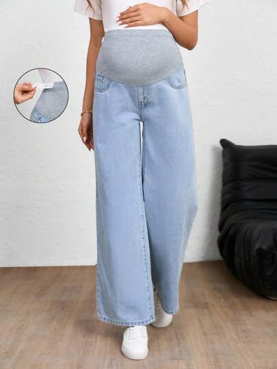 SHEIN بنطلون جينز للحوامل، لون أحادي، موضة مناسبة للصيف