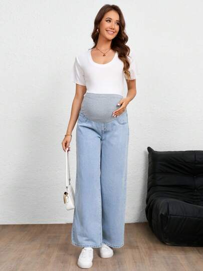 SHEIN بنطلون جينز للحوامل، لون أحادي، موضة مناسبة للصيف