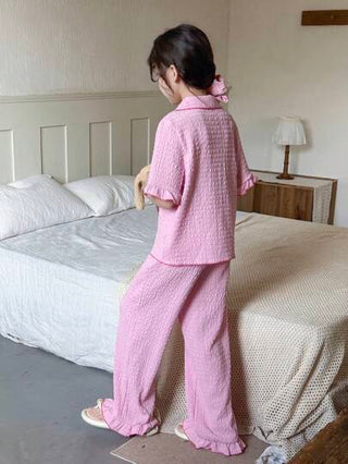 بيجاما بدلة نوم مكونة من قطعتين لفتيات المراهقات، عبارة عن ملابس علوية بياقة جاكار مزركشة بكسرات وأكمام قصيرة و بنطلون طويل، مصنوعة من قطعة قطنية مريحة ومريحة