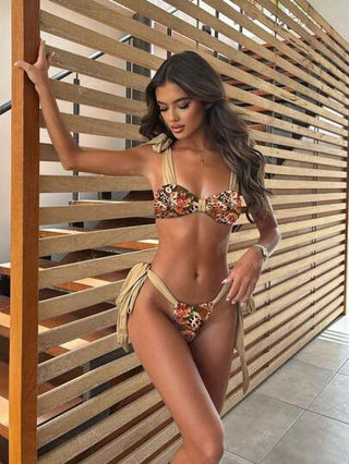 طقم تانكيني حريمي 3 قطع مجموعة ملابس سباحة اسبرتية للنساء في فصل الصيف بتصميم الياقة الرباط ذات الطبعات الزهور والنمر على نسيج شبكي