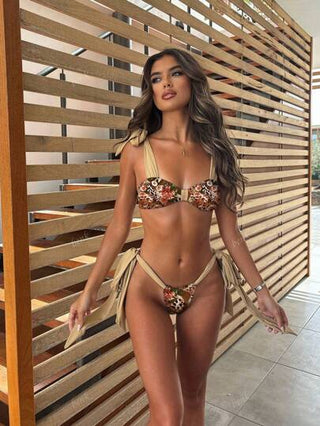 طقم تانكيني حريمي 3 قطع مجموعة ملابس سباحة اسبرتية للنساء في فصل الصيف بتصميم الياقة الرباط ذات الطبعات الزهور والنمر على نسيج شبكي