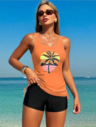 طقم تانكيني حريمي Swim Lushoire مجموعة بكيني متواضعة مطبوعة للنساء مكونة من 2 قطعة: ملابس علوية كم عريض وسروال قصير