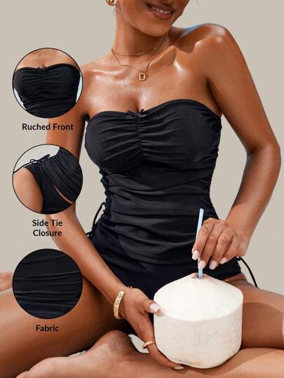 طقم تانكيني حريمي Swim Basics كروب توب بيكيني للنساء، بياقة قلب مطوي بفيونكة، ربطة خصر جانبية، أنيقة وجميلة للعطلات والشاطئ والربيع/الصيف