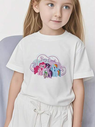 تيشيرتات بناتي MY LITTLE PONY تي شيرت قصير الأكمام بطبعة الفرس الوردي الصغير الكرتوني لفتيات 8-12 عاما، موسم الصيف، قطعة واحدة