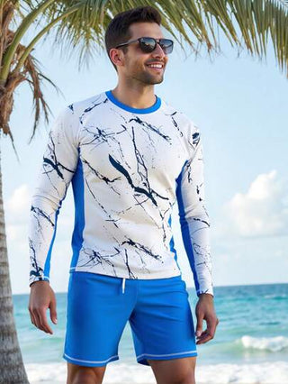 Manfinity Swimmode مجموعة بدلة سباحة رجالية كم طويل من الأقمشة المربوطة والقصيرة، حماية من الشمس، هاواي
