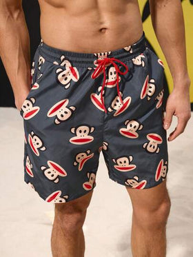 Paul Frank X SHEIN شورتات شاطئ صيفية للرجال بخصر رباط ، مطبوعة برسومات القرود, طراز هاواي