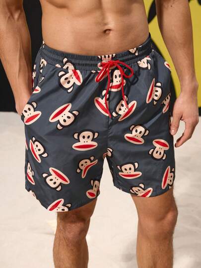 Paul Frank X SHEIN شورتات شاطئ صيفية للرجال بخصر رباط ، مطبوعة برسومات القرود, طراز هاواي