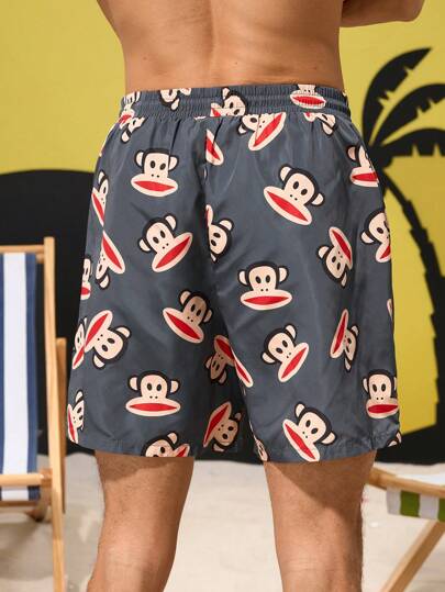 Paul Frank X SHEIN شورتات شاطئ صيفية للرجال بخصر رباط ، مطبوعة برسومات القرود, طراز هاواي