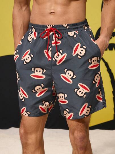 Paul Frank X SHEIN شورتات شاطئ صيفية للرجال بخصر رباط ، مطبوعة برسومات القرود, طراز هاواي