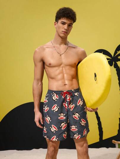 Paul Frank X SHEIN شورتات شاطئ صيفية للرجال بخصر رباط ، مطبوعة برسومات القرود, طراز هاواي