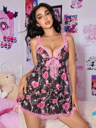لانجيري حريمي ROMWE J-Fashion الثوب الليلي بتطريز متناقض الألوان مع شبكة ومفارش دانتيل