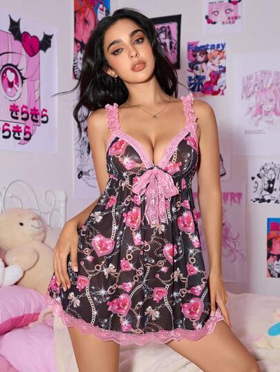 لانجيري حريمي ROMWE J-Fashion الثوب الليلي بتطريز متناقض الألوان مع شبكة ومفارش دانتيل