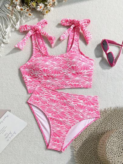 طقم تانكيني حريمي Swim Lushoire مجموعة قطعتين من بدلة السباحة للنساء للربيع، قماش الزهور، عالي المرونة، مخفف للجسم ، خالي من العيوب