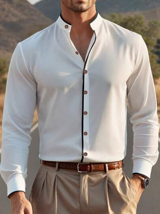 Manfinity Bizformal قميص رجالي فورمال أبيض أنيق بأكمام طويلة، بياقة صينية جديدة مصقولة، للربيع/الخريف، قماش بولي إستر مطاطي ومريح، كلاسيكي بتصميم كفوف بتباين اللون