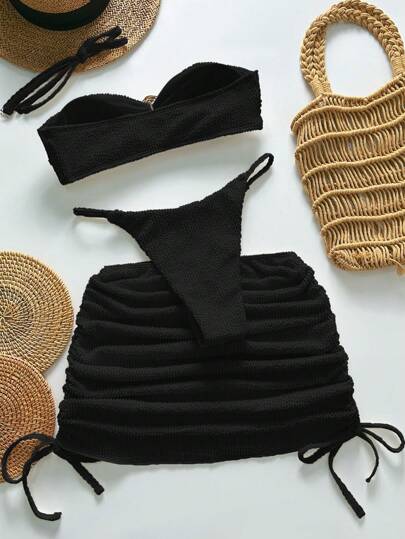 Swim مجموعة ملابس شاطئ صيفية لثلاثة قطع للمرأة ، ملابس علوية علوي بتفاصيل حلقية ذهبية غير متماثلة من نسيج مطرز ، بيكيني سفلي وتنورة ملفوفة ، طقم ملابس السباحة والشاطئ