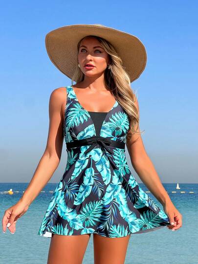 طقم تانكيني حريمي Swim Lushoire ملابس علوية بلا أكمام فضفاضة للسيدات ، طقم بكيني بطبعات زهور اس---ت---وائ----ي--ة للشاطئ والعطلة الصيفية