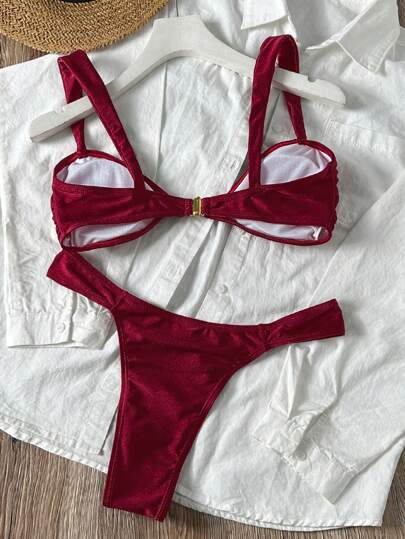 Swim SXY 2 قطعة ملابس شاطئ صيفية نسائية , بكيني متناسق بإطار معدني أنيق , لون بورجندي , لإطلالة عطلة متميزة