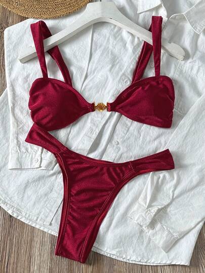 Swim SXY 2 قطعة ملابس شاطئ صيفية نسائية , بكيني متناسق بإطار معدني أنيق , لون بورجندي , لإطلالة عطلة متميزة