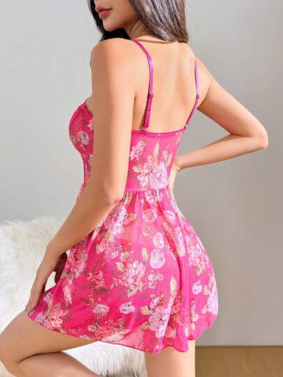 SHEIN بادي دول صدرية مزينة براقة بطبعة الأزهار والفيونكة