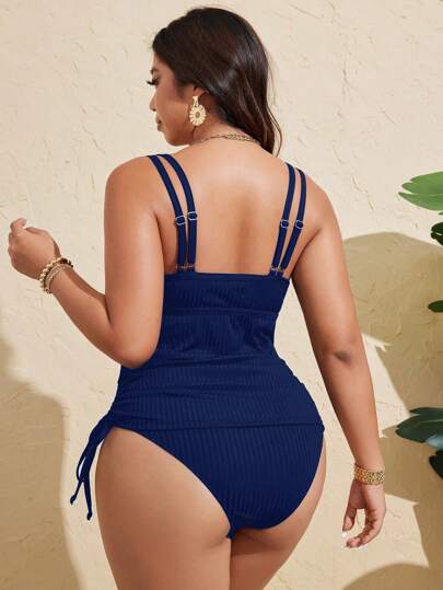 SHEIN Swim Curve بدلة سباحة بخامة نسيجية مزخرفة بألوان سادة، أسود، بتصميم ظهر منفتح، كاجوال، للنساء ذوات الأحجام الكبيرة