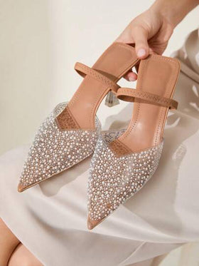 CUCCOO CHICEST حذاء صندل نسائي بكعب عالي رأس مدبب أبيقوسي الشفاف مزين بالأحجار الكريمة الؤلؤية، أنيق وجذاب بتصميم ظهر مكشوف