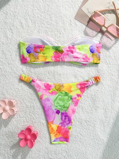 Swim مجموعة بكيني بلون الزهور الخفيف بطراز اللوحات الزيتية، ملابس علوية بندو وسفلي بشكل سروال مثير ، مجموعة بكيني صيفية