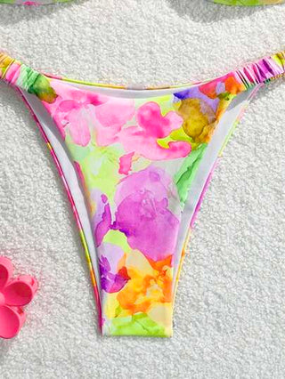 Swim مجموعة بكيني بلون الزهور الخفيف بطراز اللوحات الزيتية، ملابس علوية بندو وسفلي بشكل سروال مثير ، مجموعة بكيني صيفية