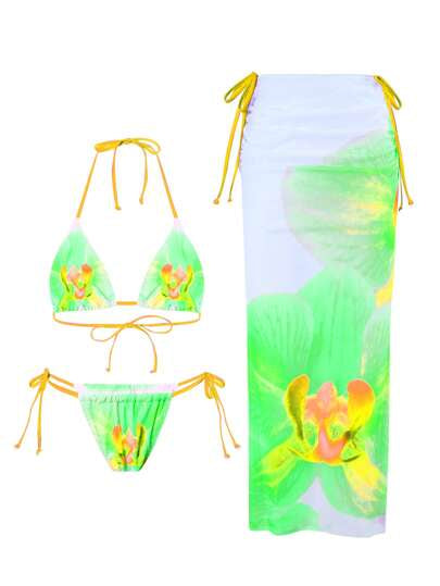 Swim Vcay مجموعة بكيني من 3 قطع للنساء مع شريط عقدة عند الرقبة، قماش بنسيج مُنقط مثير بتصميم مثلث صغير، ملابس السباحة المصممة للعطلات الشاطئية والاستخدام اليومي