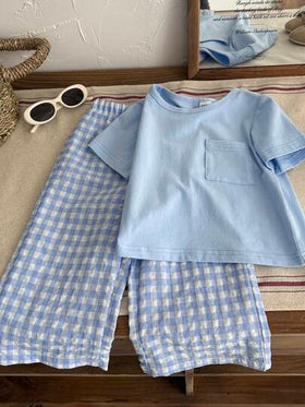 SHEIN Vintaside Kids طقم ملابس علوية قصيرة الأكمام وبنطال مربعات لطيف للأولاد الرضع، مناسب للصيف، البيت والسفر، 2 قطعة