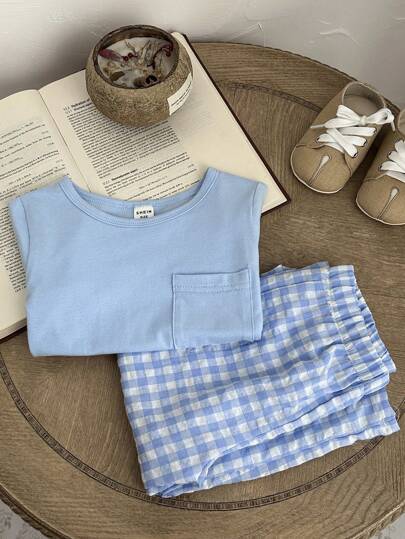 SHEIN Vintaside Kids طقم ملابس علوية قصيرة الأكمام وبنطال مربعات لطيف للأولاد الرضع، مناسب للصيف، البيت والسفر، 2 قطعة