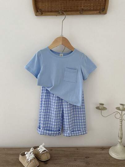 SHEIN Vintaside Kids طقم ملابس علوية قصيرة الأكمام وبنطال مربعات لطيف للأولاد الرضع، مناسب للصيف، البيت والسفر، 2 قطعة