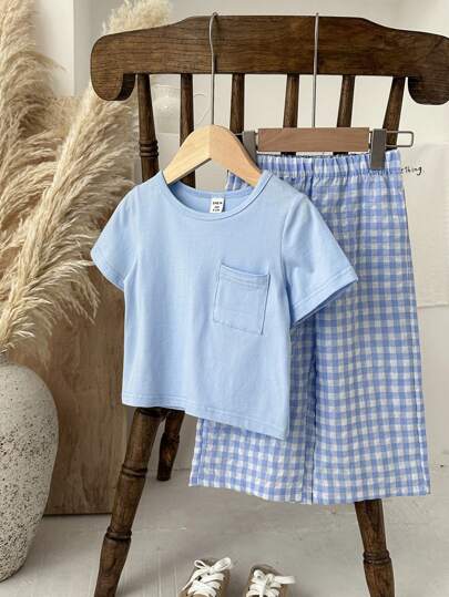 SHEIN Vintaside Kids طقم ملابس علوية قصيرة الأكمام وبنطال مربعات لطيف للأولاد الرضع، مناسب للصيف، البيت والسفر، 2 قطعة