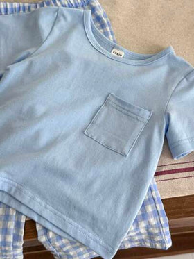 SHEIN Vintaside Kids طقم ملابس علوية قصيرة الأكمام وبنطال مربعات لطيف للأولاد الرضع، مناسب للصيف، البيت والسفر، 2 قطعة