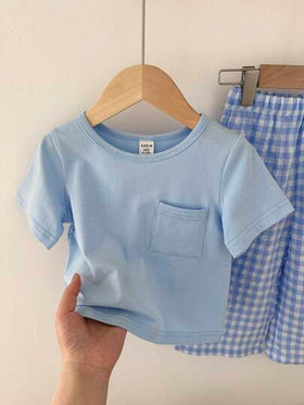 SHEIN Vintaside Kids طقم ملابس علوية قصيرة الأكمام وبنطال مربعات لطيف للأولاد الرضع، مناسب للصيف، البيت والسفر، 2 قطعة