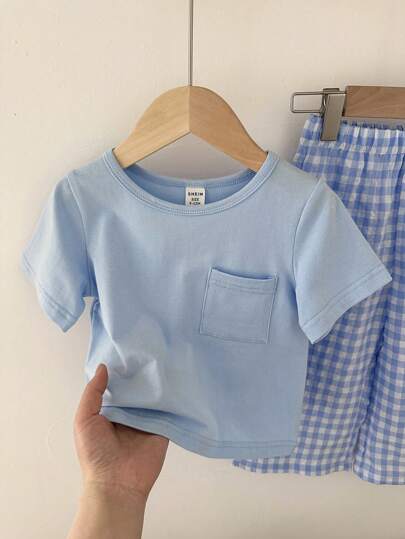 SHEIN Vintaside Kids طقم ملابس علوية قصيرة الأكمام وبنطال مربعات لطيف للأولاد الرضع، مناسب للصيف، البيت والسفر، 2 قطعة