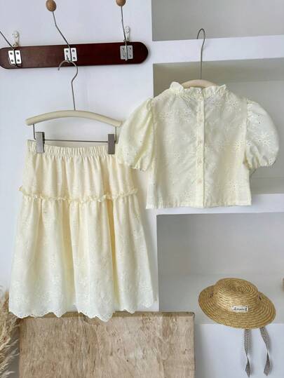 girls-sets Vintaside Kids مجموعة قميص أنيق بأكمام قصيرة ذو موحد اللون وتنورة بسيطة للمراهقات، موضة كورية لربيع/صيف