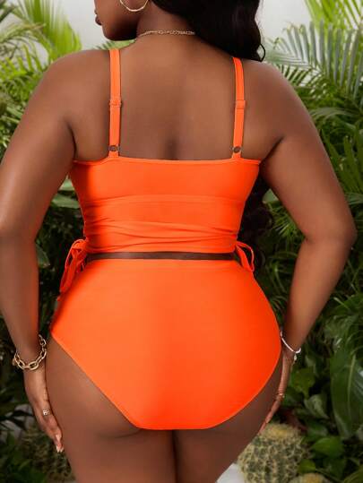 SHEIN Swim Curve ملابس سباحة كاجوال للسيدات ذوات الأحجام الكبيرة برباطات رفيعة باللون البرتقالي