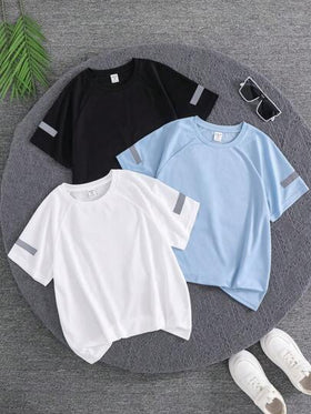 SHEIN 3 قطعة/مجموعة تيشرت بأكمام قصيرة وياقة مستديرة مريح للأولاد الصغار، 3 تصميمات مختلفة عاكسة للشريط، مناسب للمدرسة والحديقة والشاطئ والأعياد والربيع والصيف والخريف والشتاء