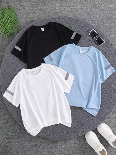 SHEIN 3 قطعة/مجموعة تيشرت بأكمام قصيرة وياقة مستديرة مريح للأولاد الصغار، 3 تصميمات مختلفة عاكسة للشريط، مناسب للمدرسة والحديقة والشاطئ والأعياد والربيع والصيف والخريف والشتاء
