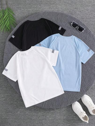 SHEIN 3 قطعة/مجموعة تيشرت بأكمام قصيرة وياقة مستديرة مريح للأولاد الصغار، 3 تصميمات مختلفة عاكسة للشريط، مناسب للمدرسة والحديقة والشاطئ والأعياد والربيع والصيف والخريف والشتاء